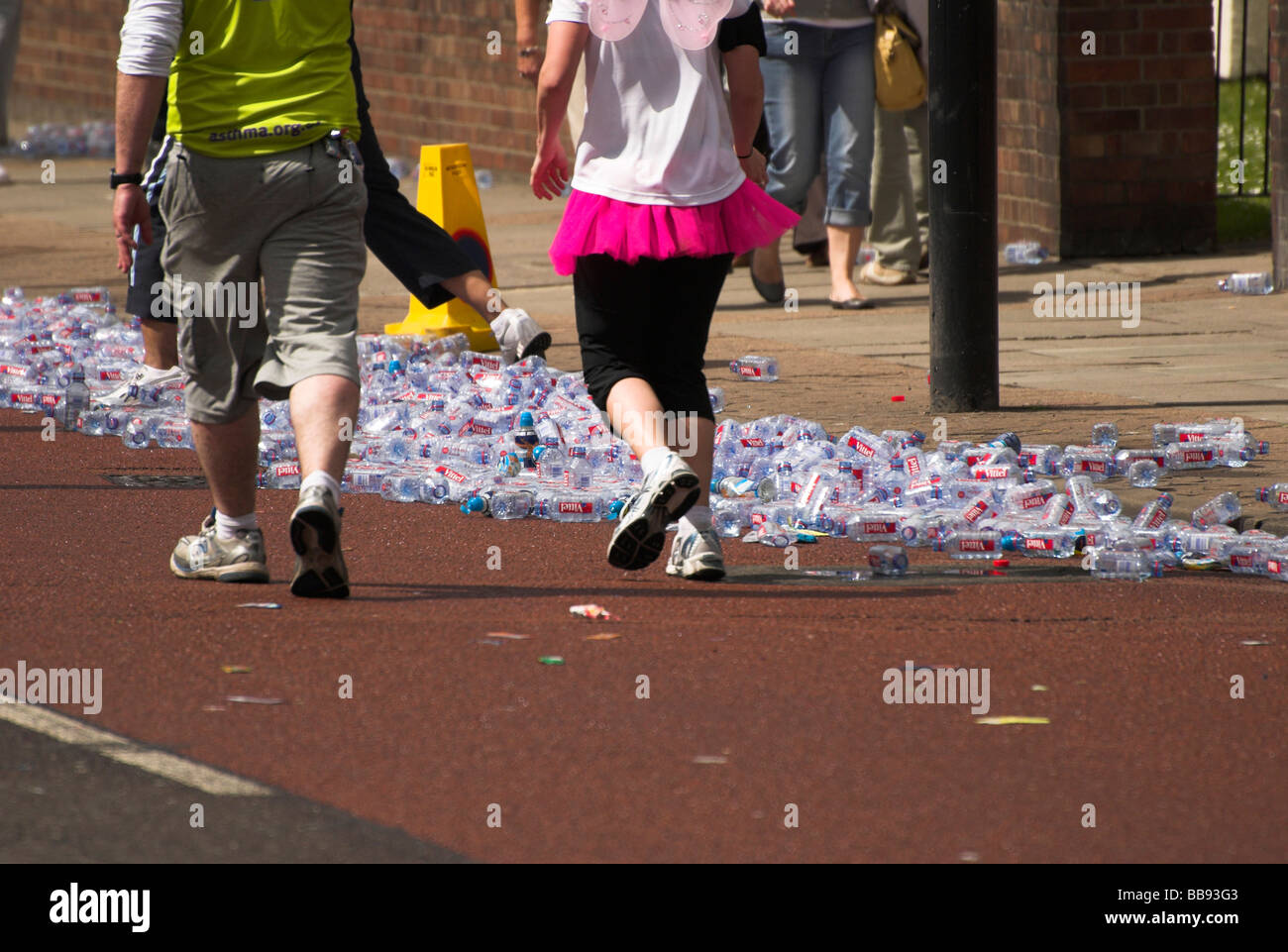 Discarded drinks bottles - London Marathon 2009. Stock Photo