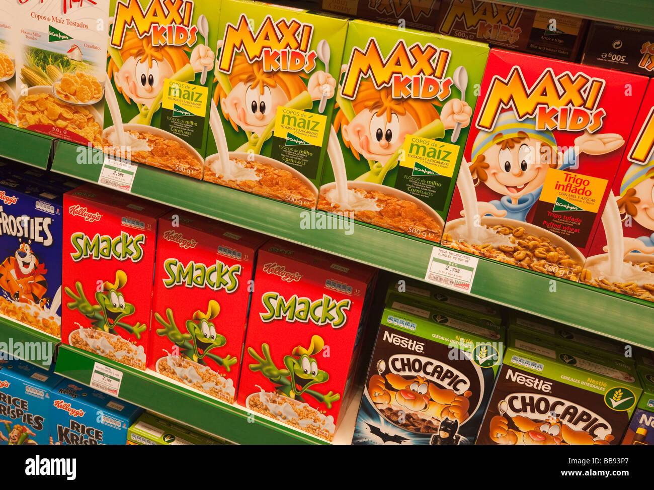 Children s breakfast cereals on supermarket shelves in a SuperCor outlet of El Corte Ingles Spain Stock Photo