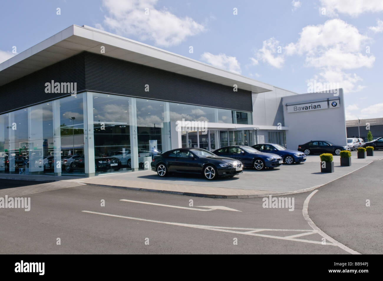 Exterior forecourt of Bavarian BMW, Boucher Road, Belfast, main dealer for BMW cars. Stock Photo