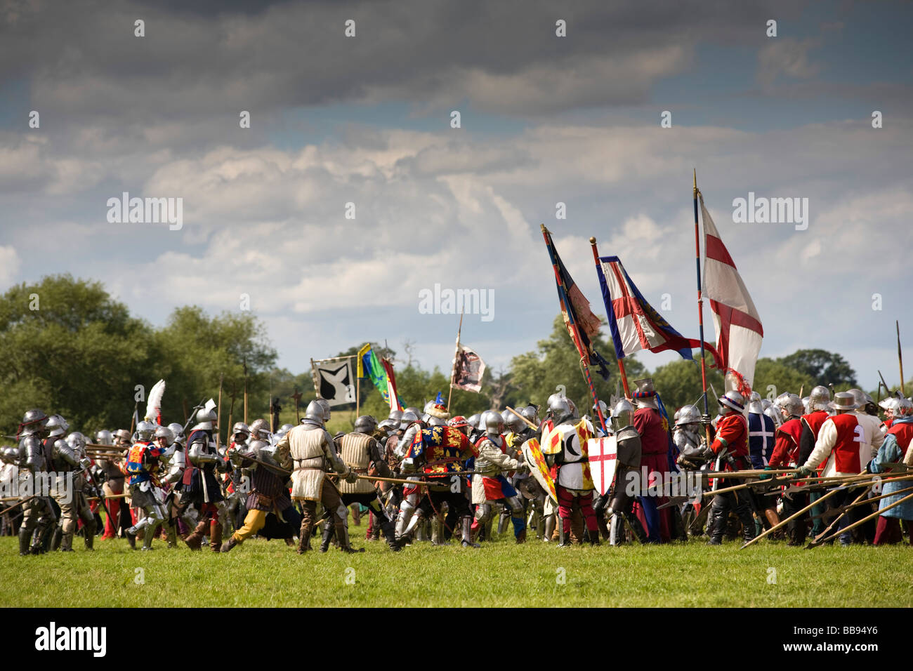 Reenactment of a medieval battle, the battle of Tewkesbury of 1471, Gloucestershire, UK Stock Photo