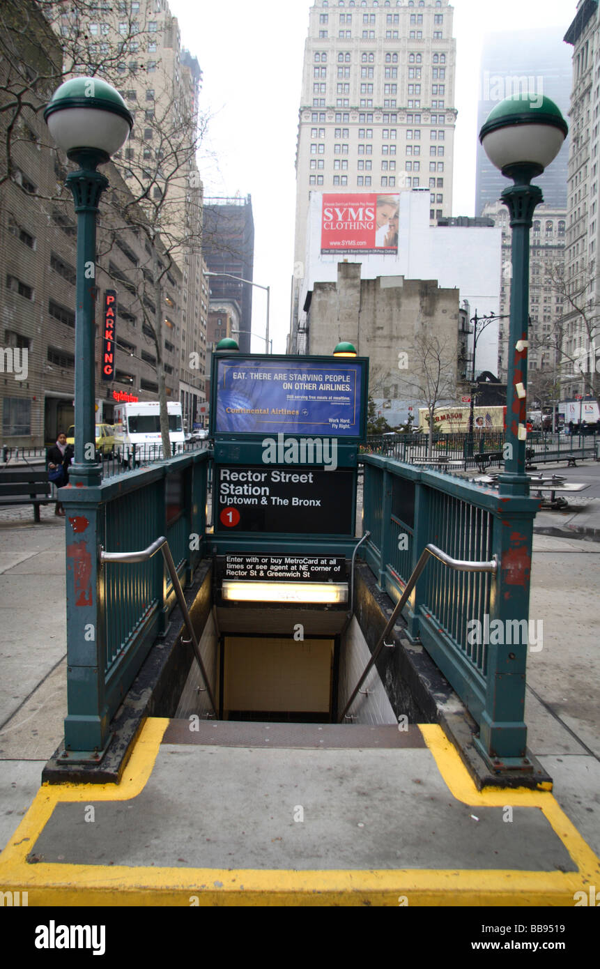 Street level entrance to the Rector Street Subway station Stock Photo