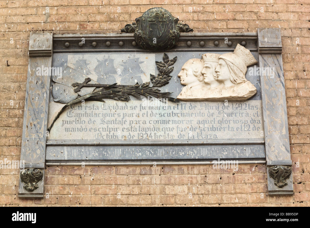 Plaque in Santa Fe Spain commemorating signing of contract between Catholic Monarchs and Christopher Columbus Stock Photo