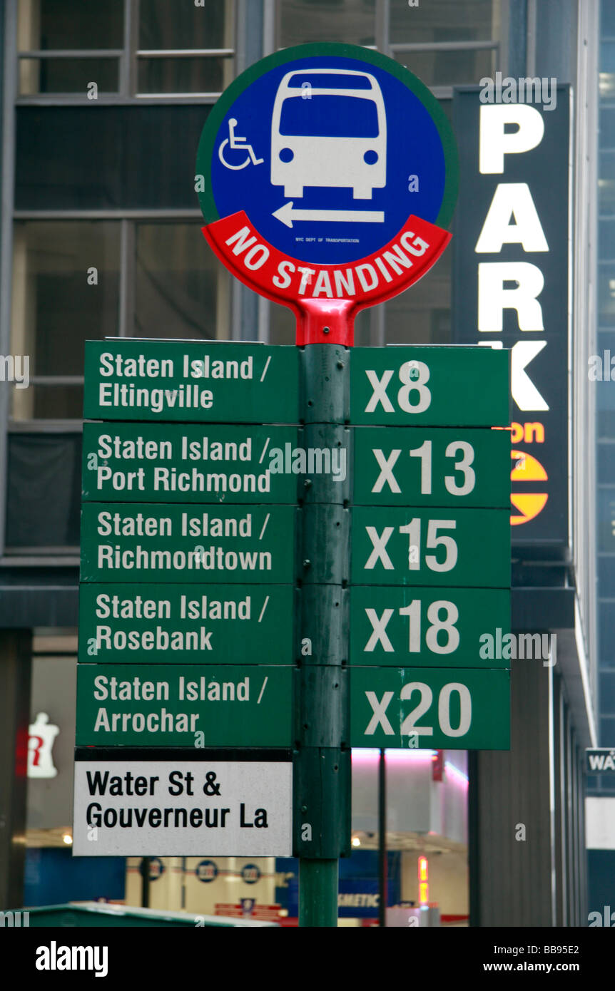 A New York bus stand showing bus routes. Stock Photo