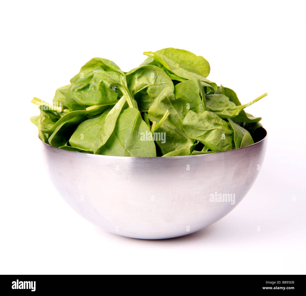 Baby Leaf Spinach in a Stainless Steel Bowl on white background Stock Photo