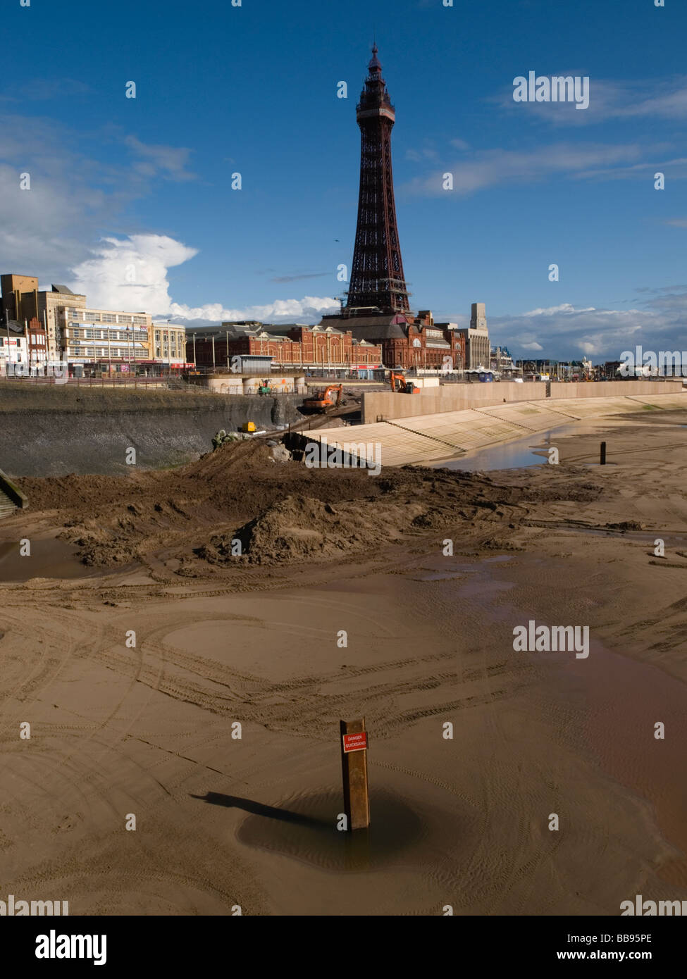 Rebuilding work on Blackpool's promenade, the first seaside resort of the Industrial Revolution, Stock Photo