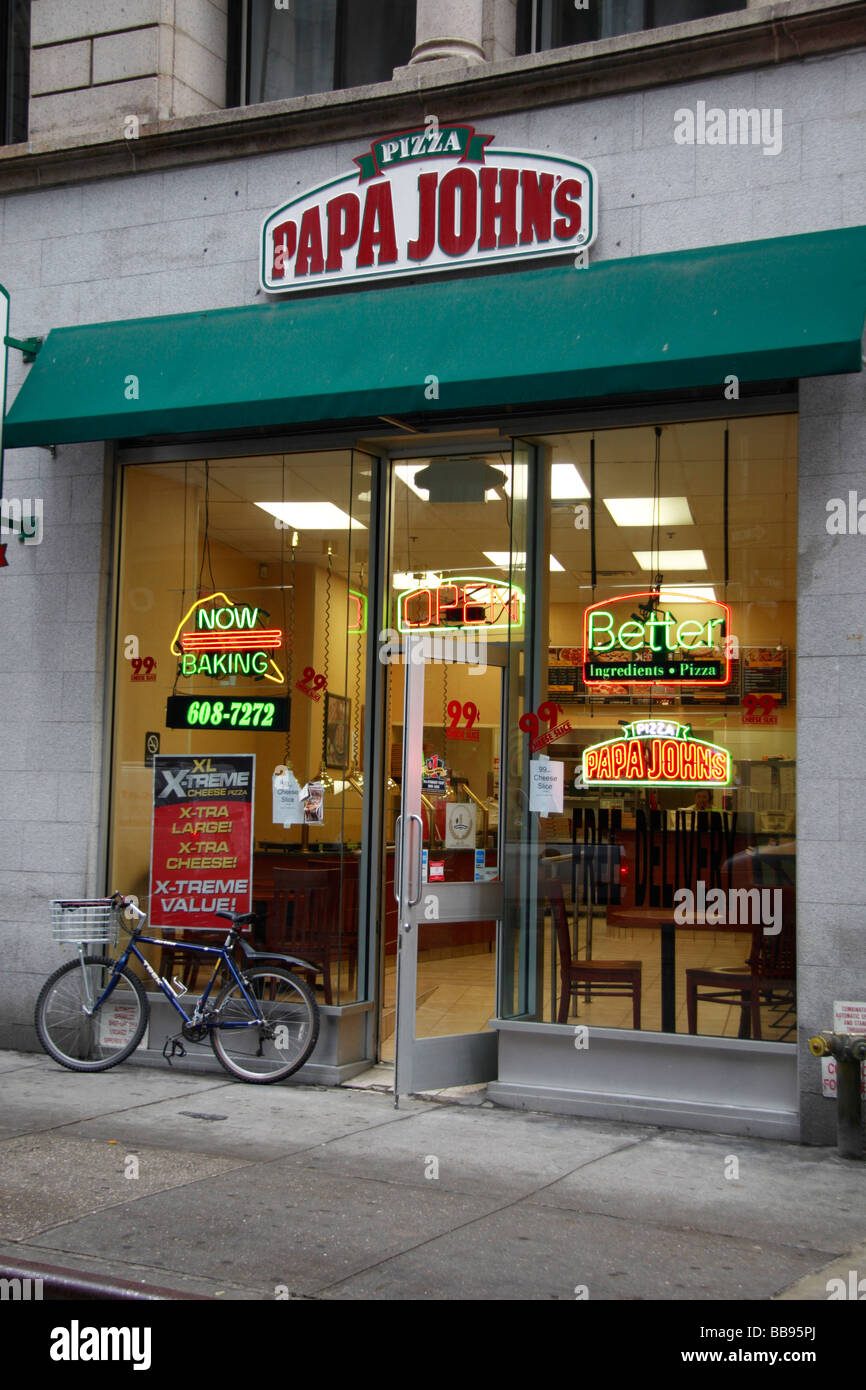 The store front to a Papa Jones Pizza outlet in Manhatten New York