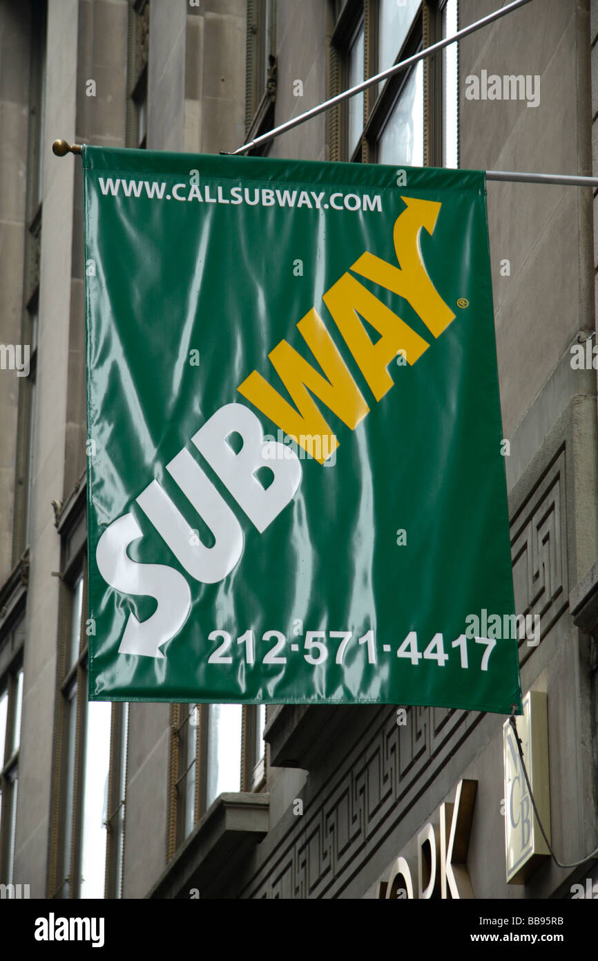 A generic advertising banner hanging outside a Subway sandwich food restaurant in New York. Stock Photo