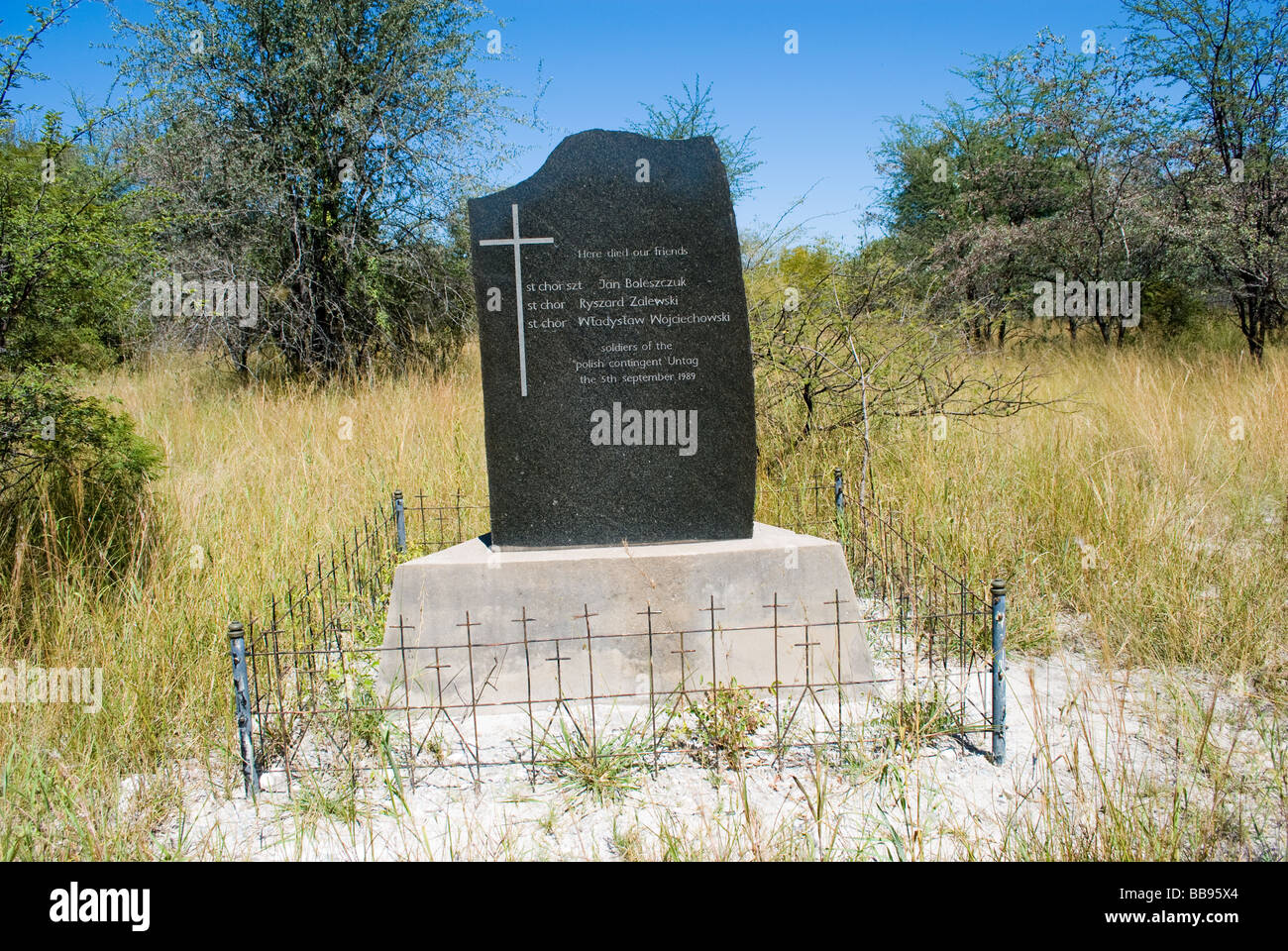 A memorial to three Polish UNTAG peace-keepers killed by a landmine near the Angolan border in the west Caprivi in 1989. Stock Photo