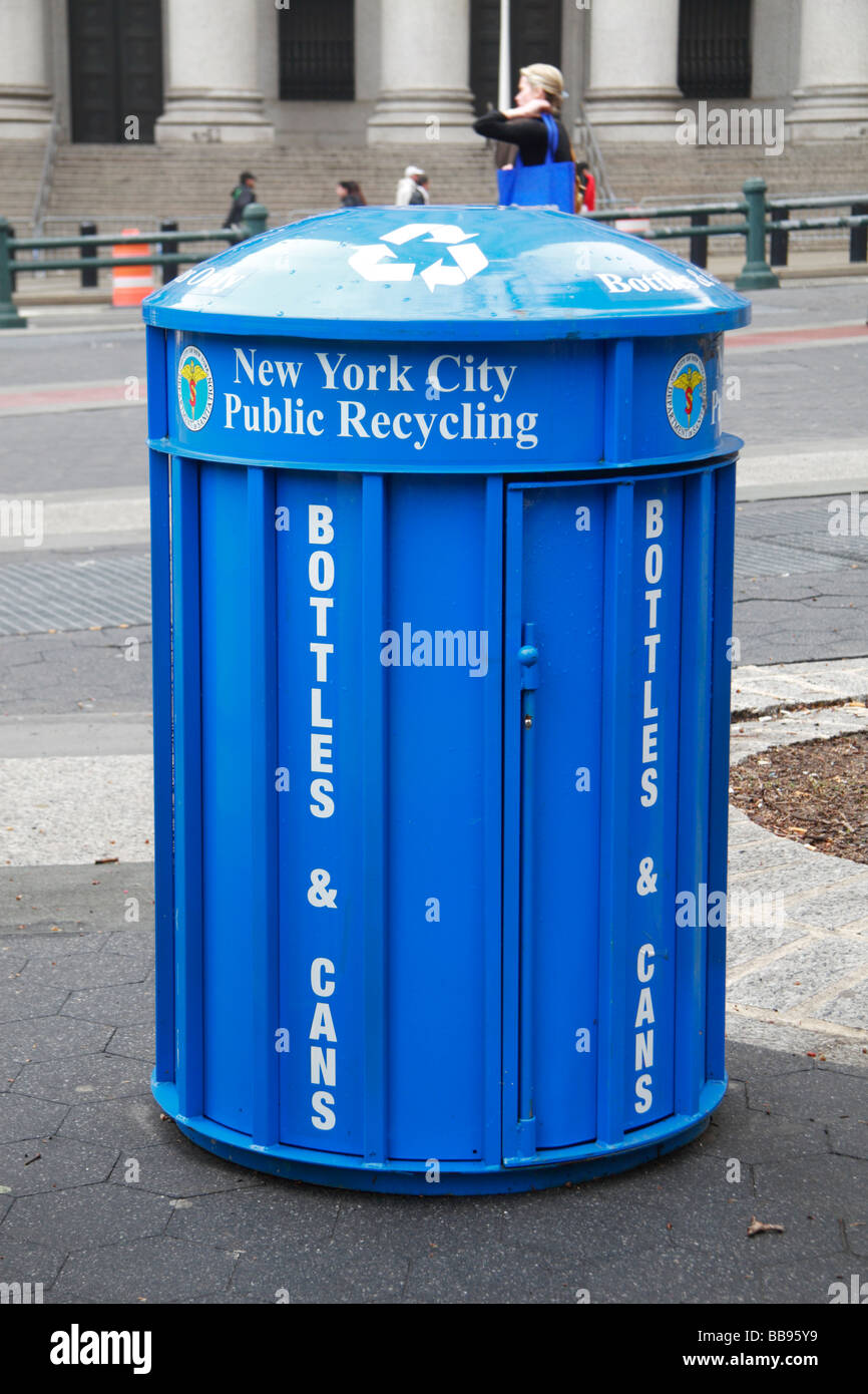 A blue New York City Public Recycling bin for bottles & cans near City Hall, New York Stock