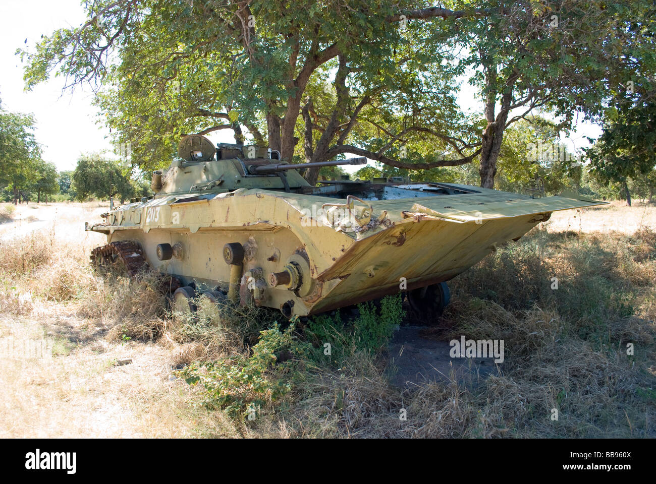 An abandoned Russian tank in the east Caprivi near the Namibian Angolan border left over from the South African 'Border War'. Stock Photo