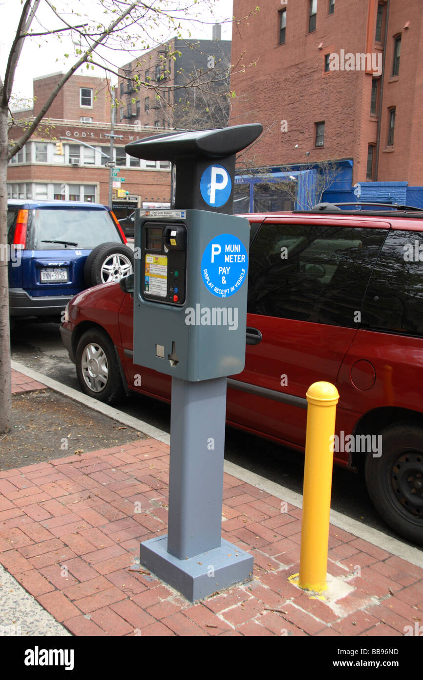 A solar powered parking meter machine in the Soho area of New York City