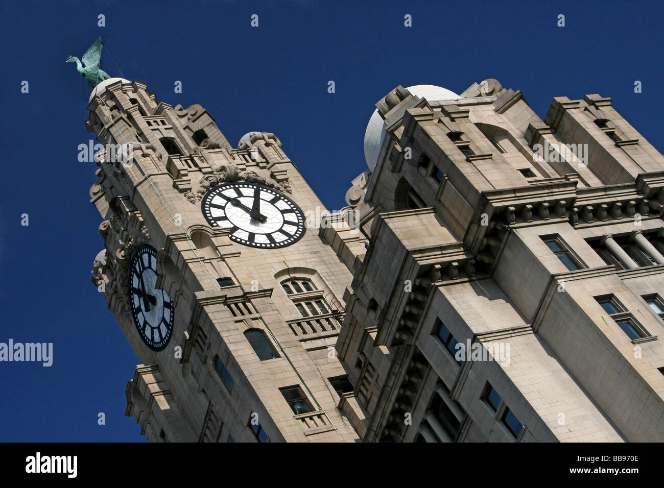 Horizontal View Of Clock Tower And Liver Birds, The Royal Liver Building, Liverpool, Merseyside, UK Stock Photo