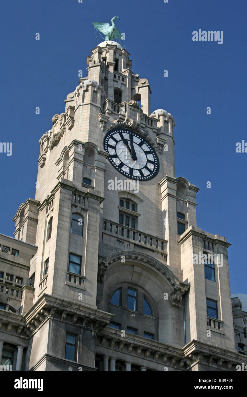 Vertical View Of Clock Tower And Liver Birds, The Royal Liver Building, Liverpool, Merseyside, UK Stock Photo