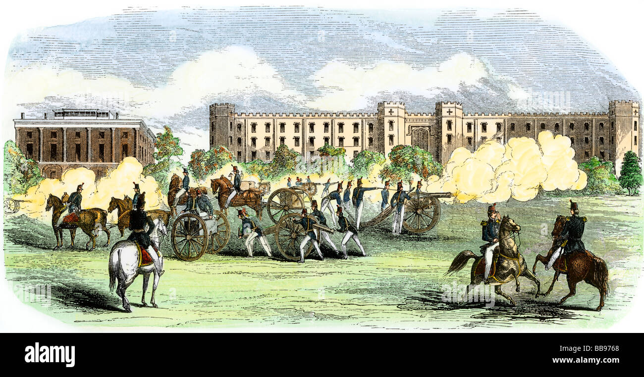 Artillery practice at the US Military Academy West Point 1850s. Hand-colored woodcut Stock Photo