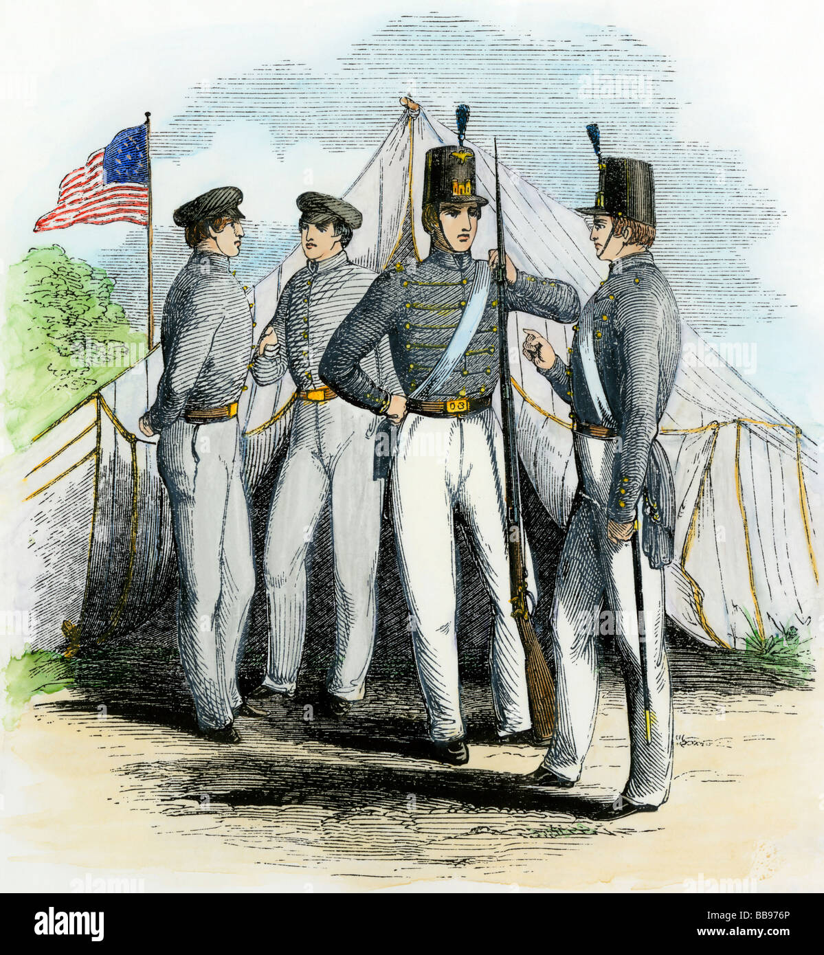 Cadets at the US Military Academy West Point 1850s. Hand-colored woodcut Stock Photo