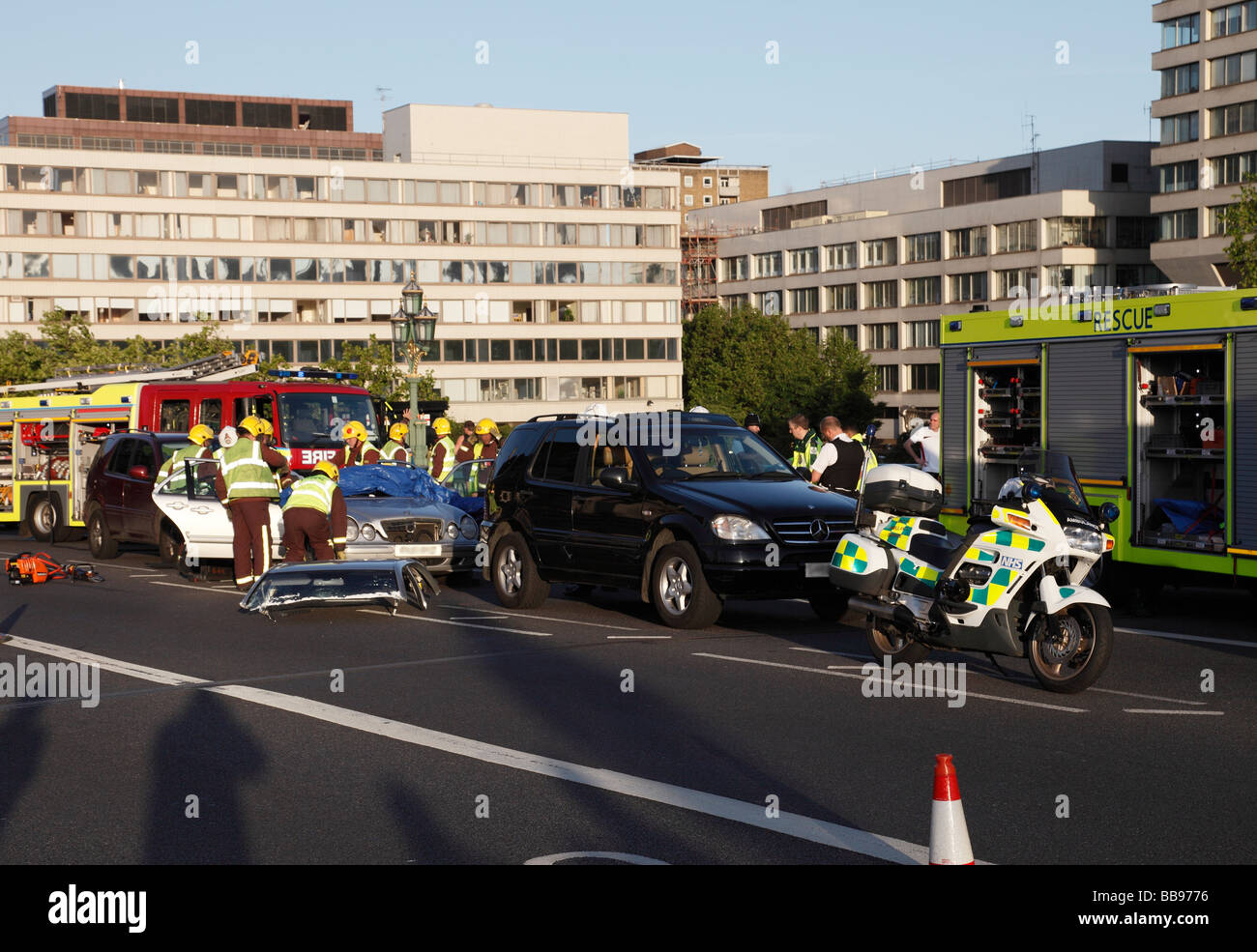 Emergency services attending the scene of an accident. Westminster, London, England, UK. Stock Photo