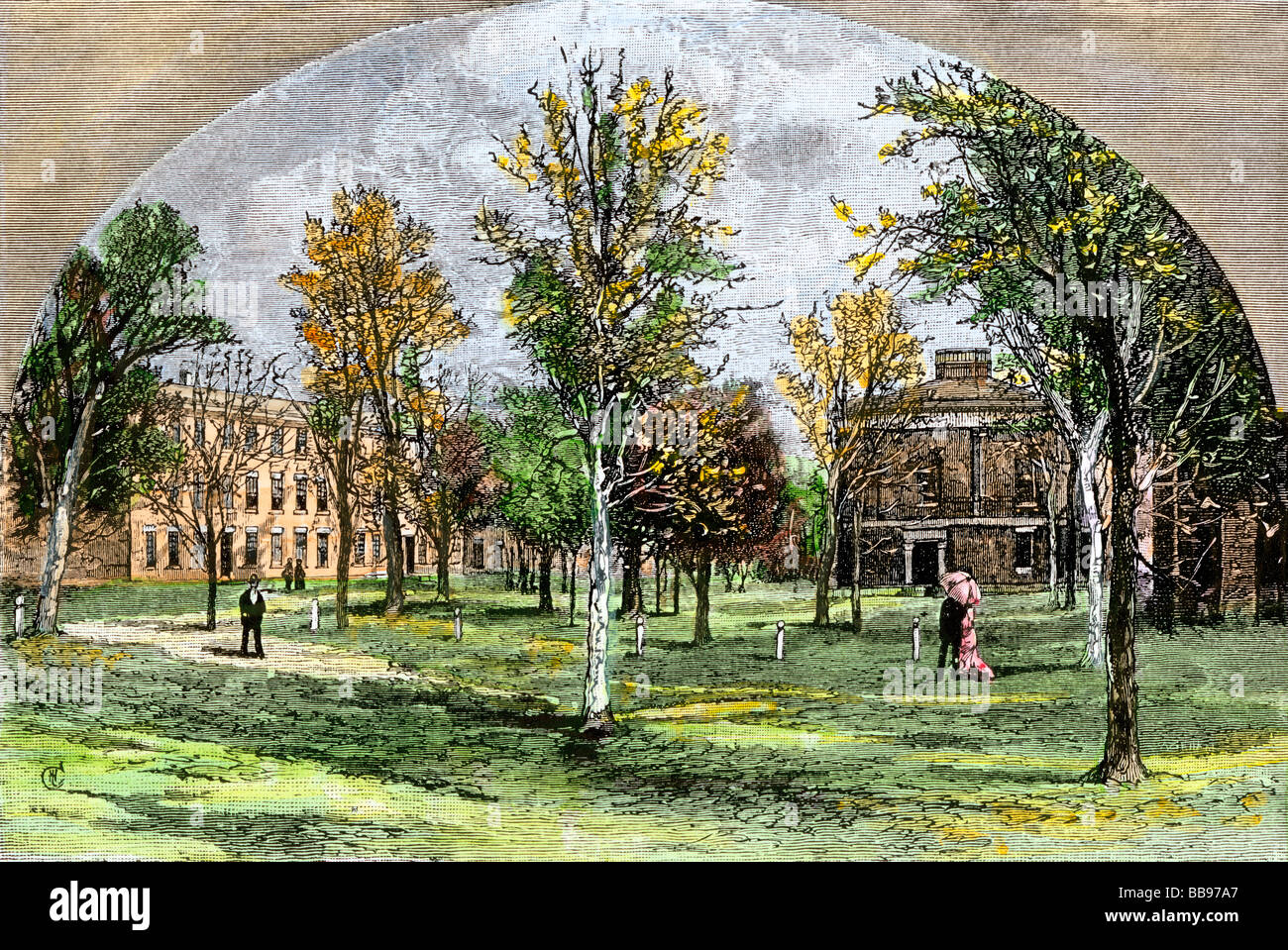 West Hall and Library of Williams College, Williamstown Massachusetts 1880s. Hand-colored woodcut Stock Photo