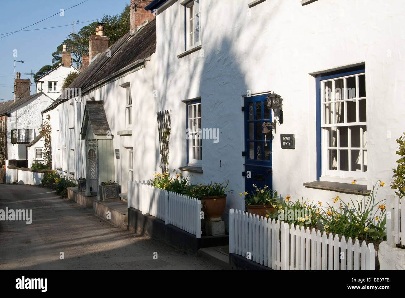 A row of whitewashed cottages, Cornwall, UK Stock Photo Alamy