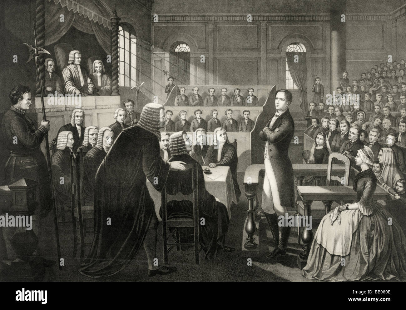 The trial of Irish nationalist rebel leader Roibéard Eiméid or Robert Emmet, born 1778 executed 1803. Stock Photo