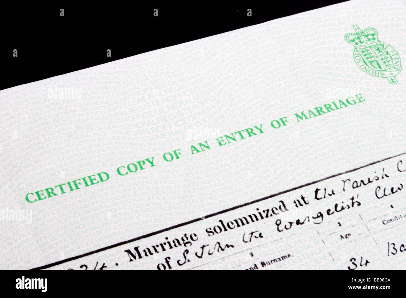 Copy of a UK marriage certificate Stock Photo