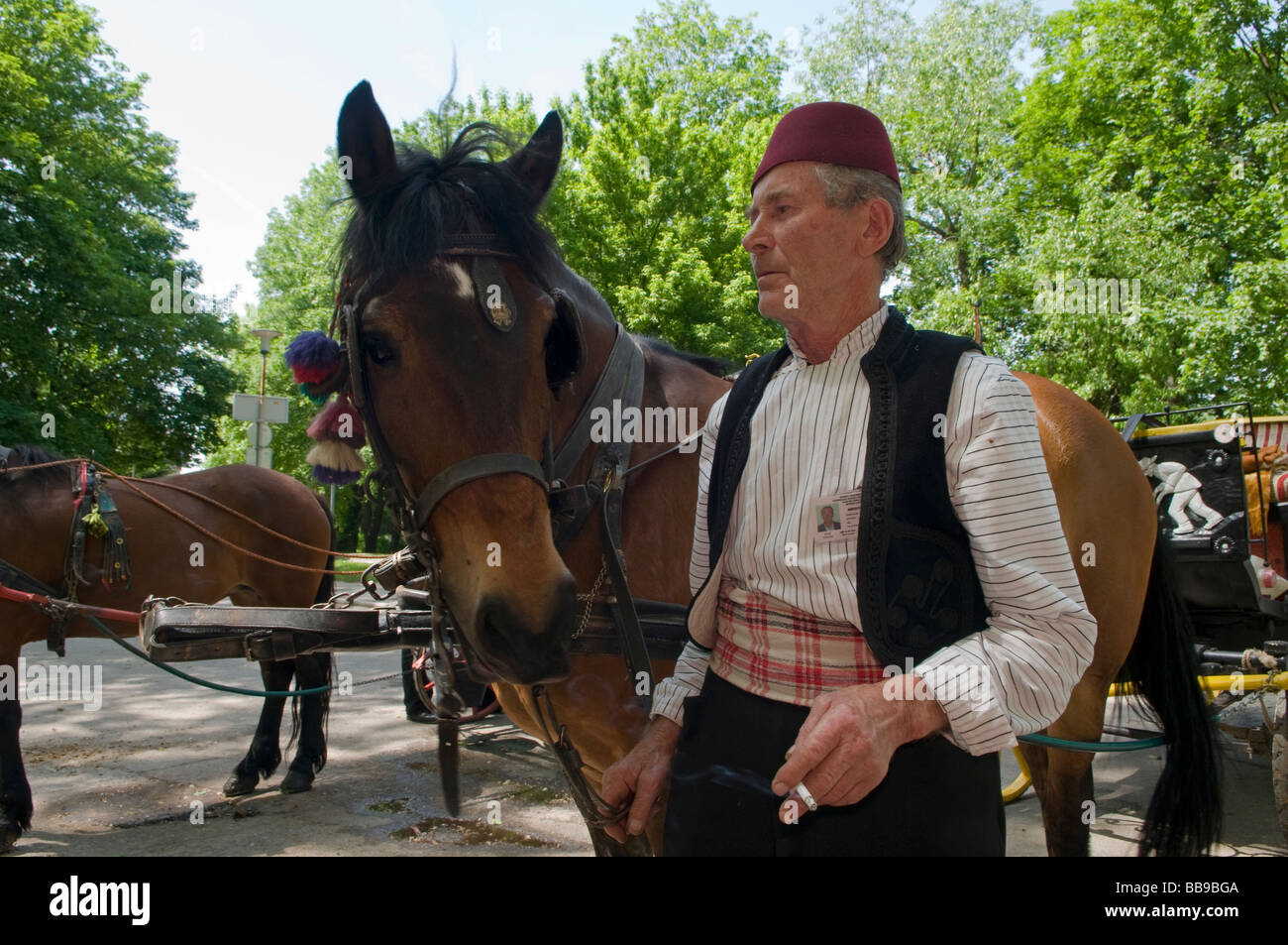 A man wearing typical Turkish Fez headgear with a horse-drawn cart in Sarajevo Bosnia Herzegovina Stock Photo