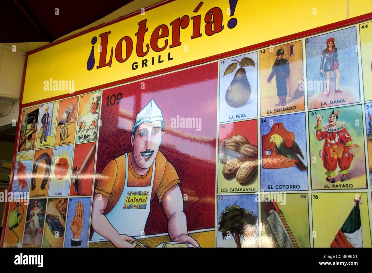 Sign for Loteria Grill inside the Farmers Market in Hollywood Los Angeles California USA  Stock Photo