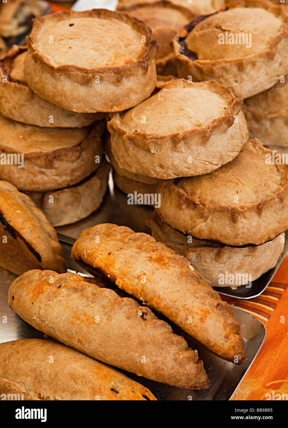 Pasties and empanada or empanat pies of meat and vegetables in market Sineu Mallorca Spain Stock Photo