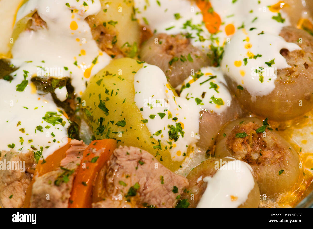 Traditional Bosnian Sahan meal containing stuffed vegetables with meat. Bosnia Herzegovina Stock Photo
