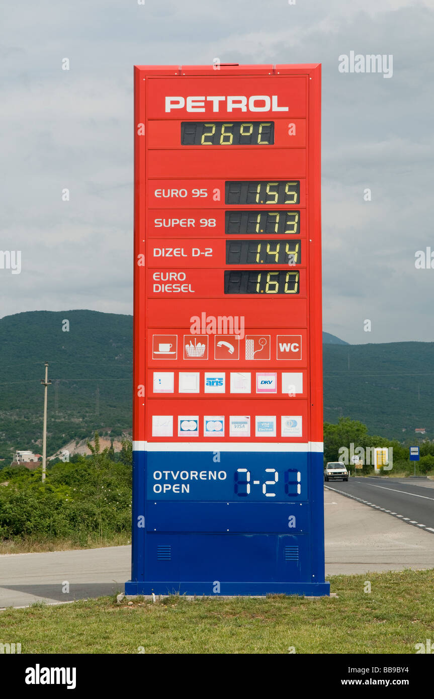 A petrol sign showing price per liter in a filling station owned by Petrol BH Oil Company d.o.o. Sarajevo in Bosnia Herzegovina Stock Photo