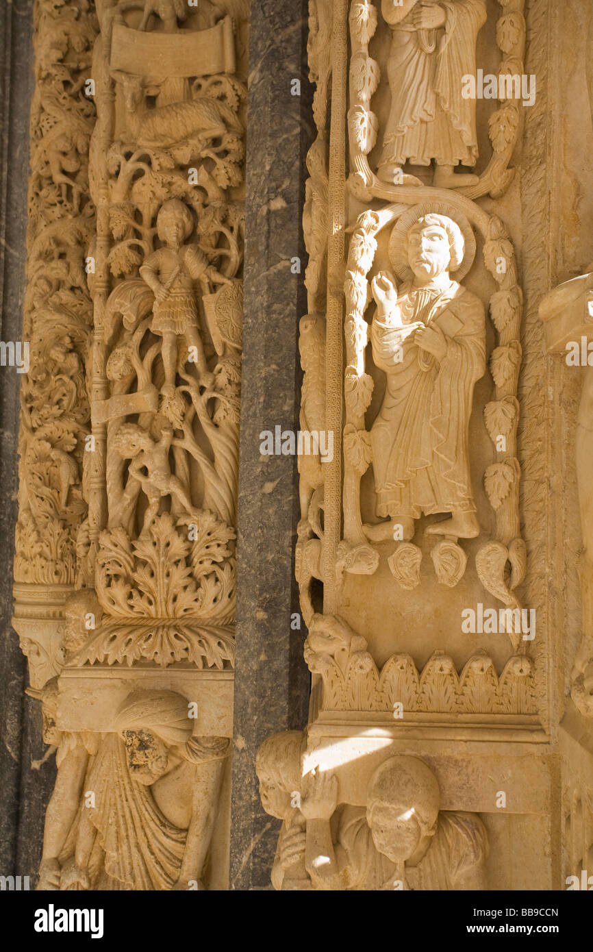 Carvings on entrance doorway by Radovanus AD 1240 Cathedral of St Lawrence Trogir Dalmatian Coast Croatia Dalmatia Stock Photo
