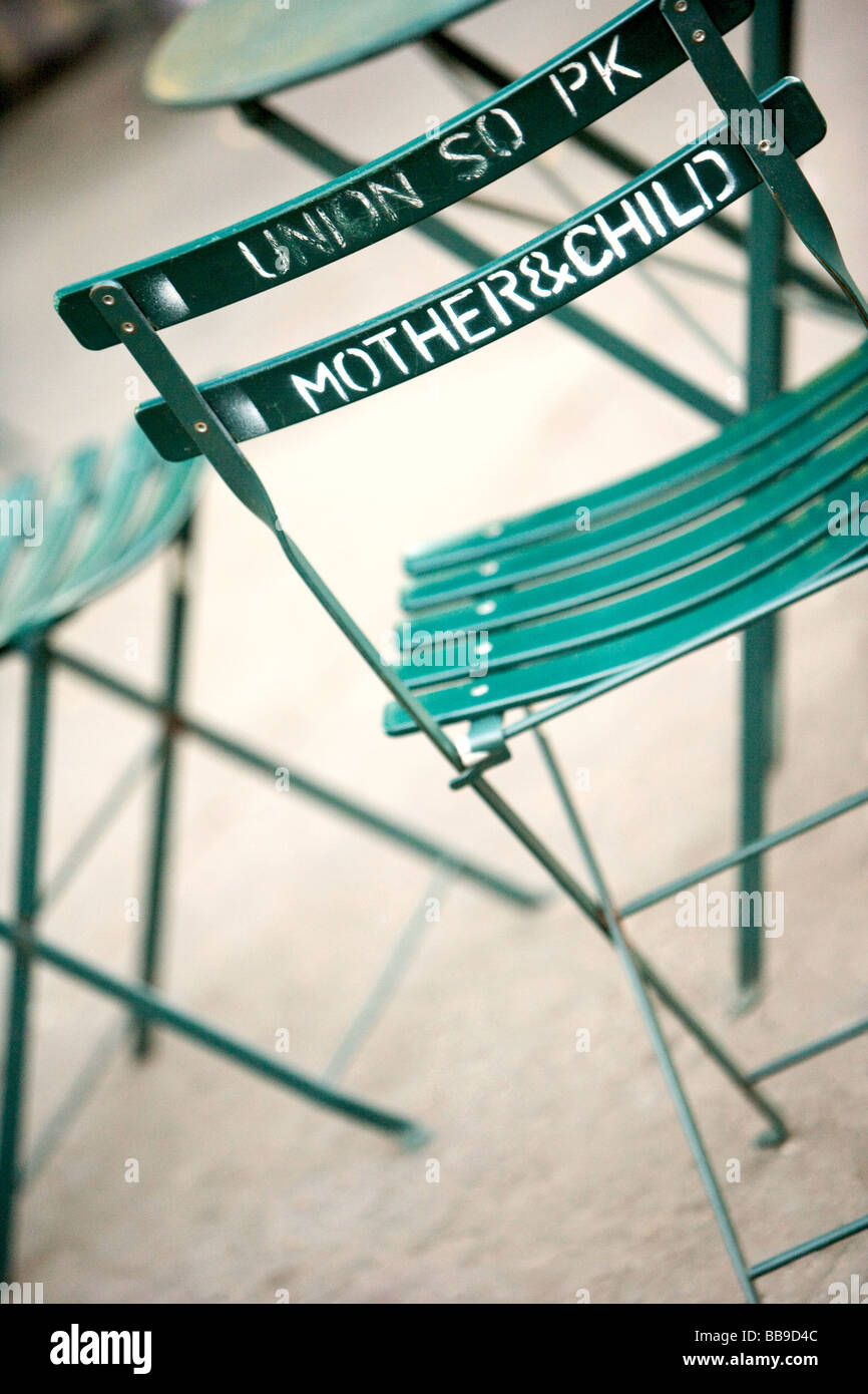 Folding metal chairs in Union Square Park, New York City, United States of America Stock Photo