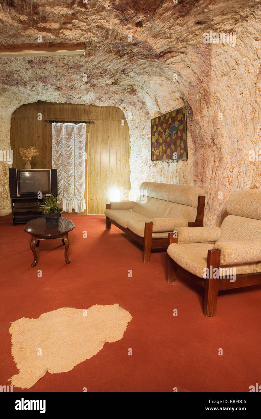 Underground living room in the Umoona Opal Mine and Museum.  Coober Pedy South Australia, AUSTRALIA Stock Photo