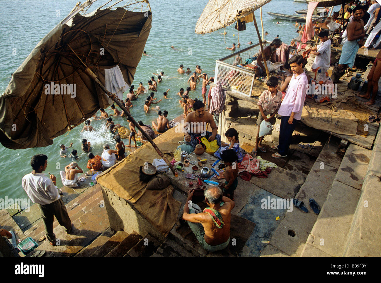 religious bathing at ghat ganga river city of varanasi state of uttar pradesh india Stock Photo