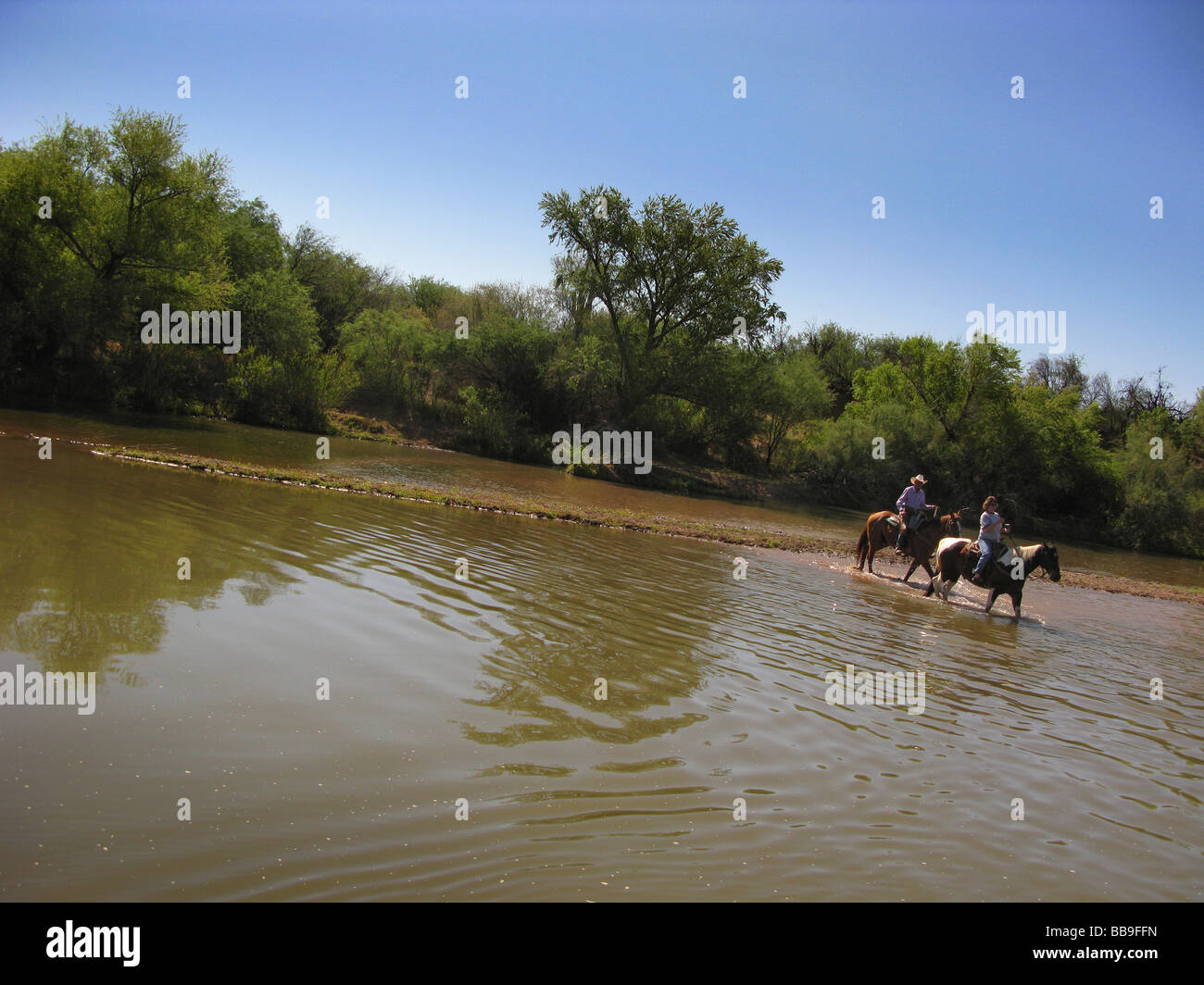 horse riding across the verde river,arizona,landscape with blue skys