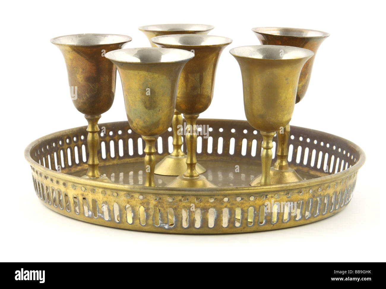 Round tray and metal goblets Stock Photo Alamy