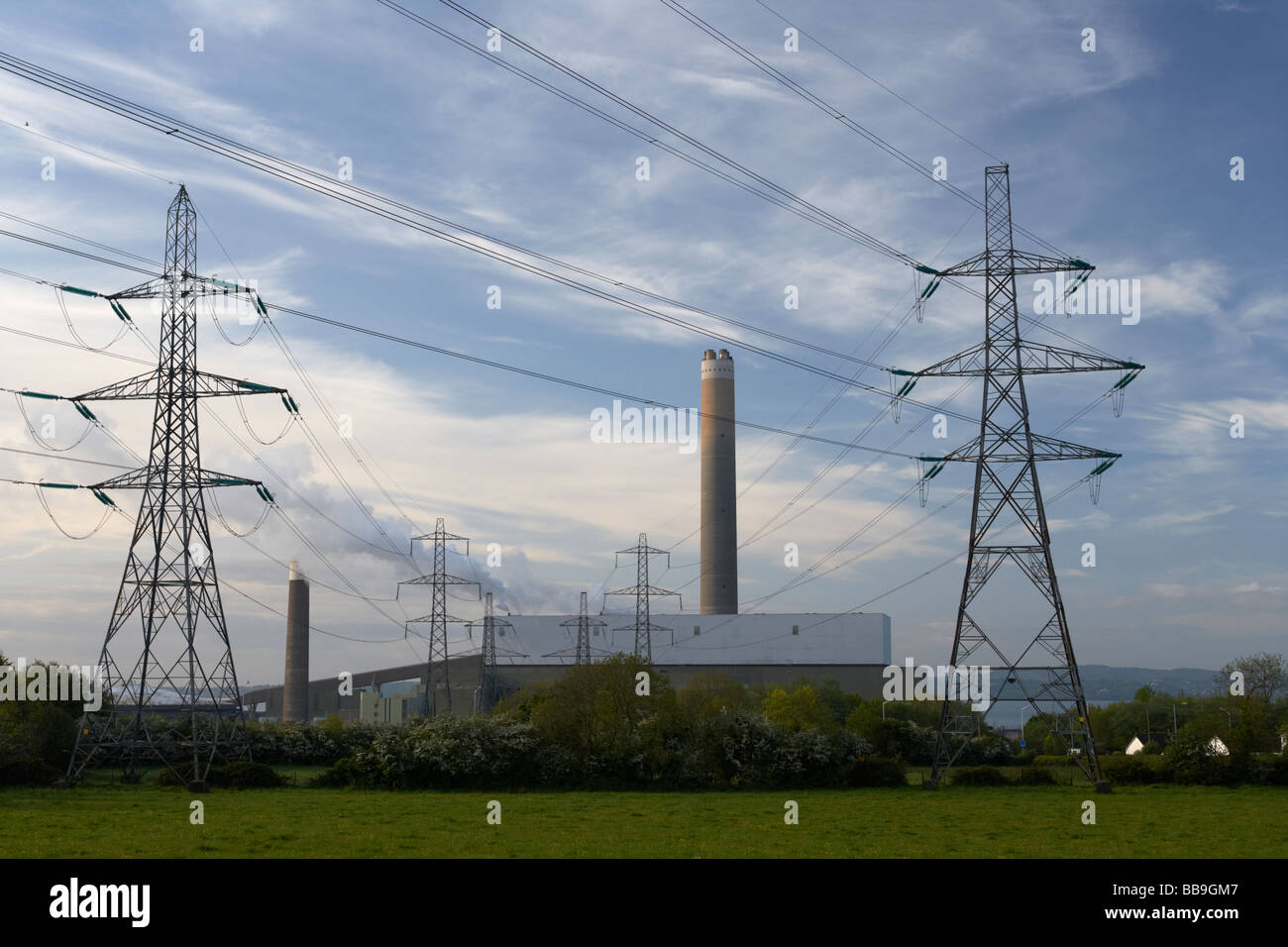 power lines and transmission towers coming from kilroot power station