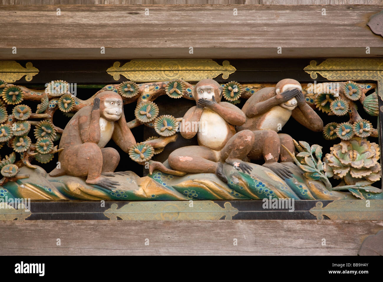 Story of Three Monkeys carvings, Toshogu Shrine, Nikko Japan Stock Photo