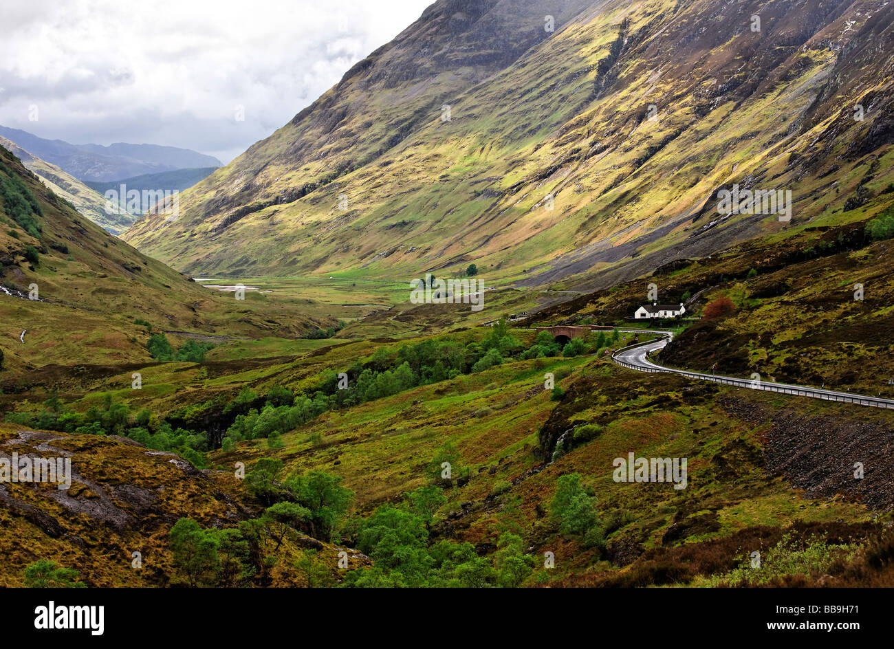 Looking west towards  Alt na Reigh and the A82 as it winds through Glen Coe in the Scottish Highlands Stock Photo