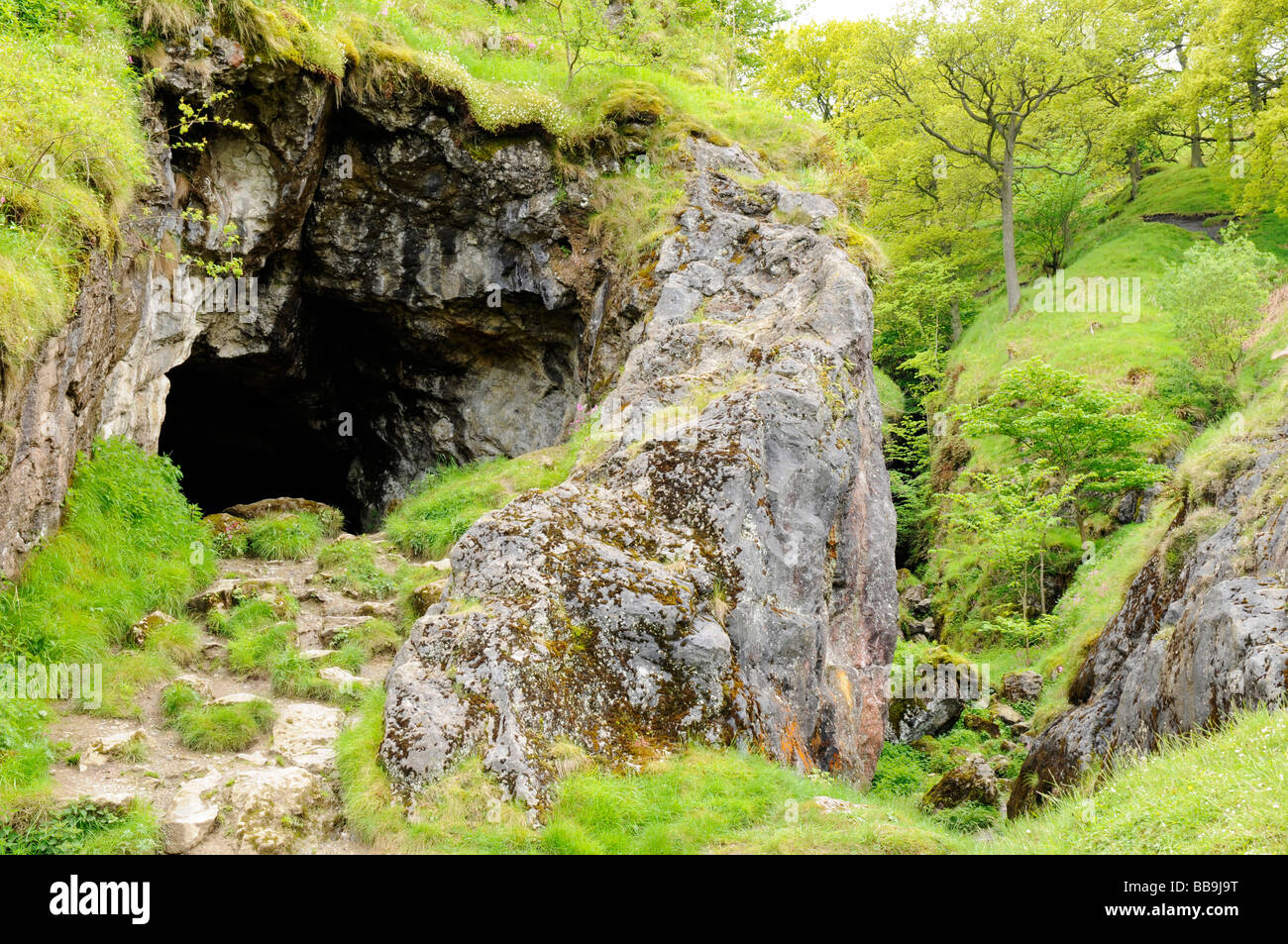 Cave opening in the English Peak District near Mam Tor. Stock Photo