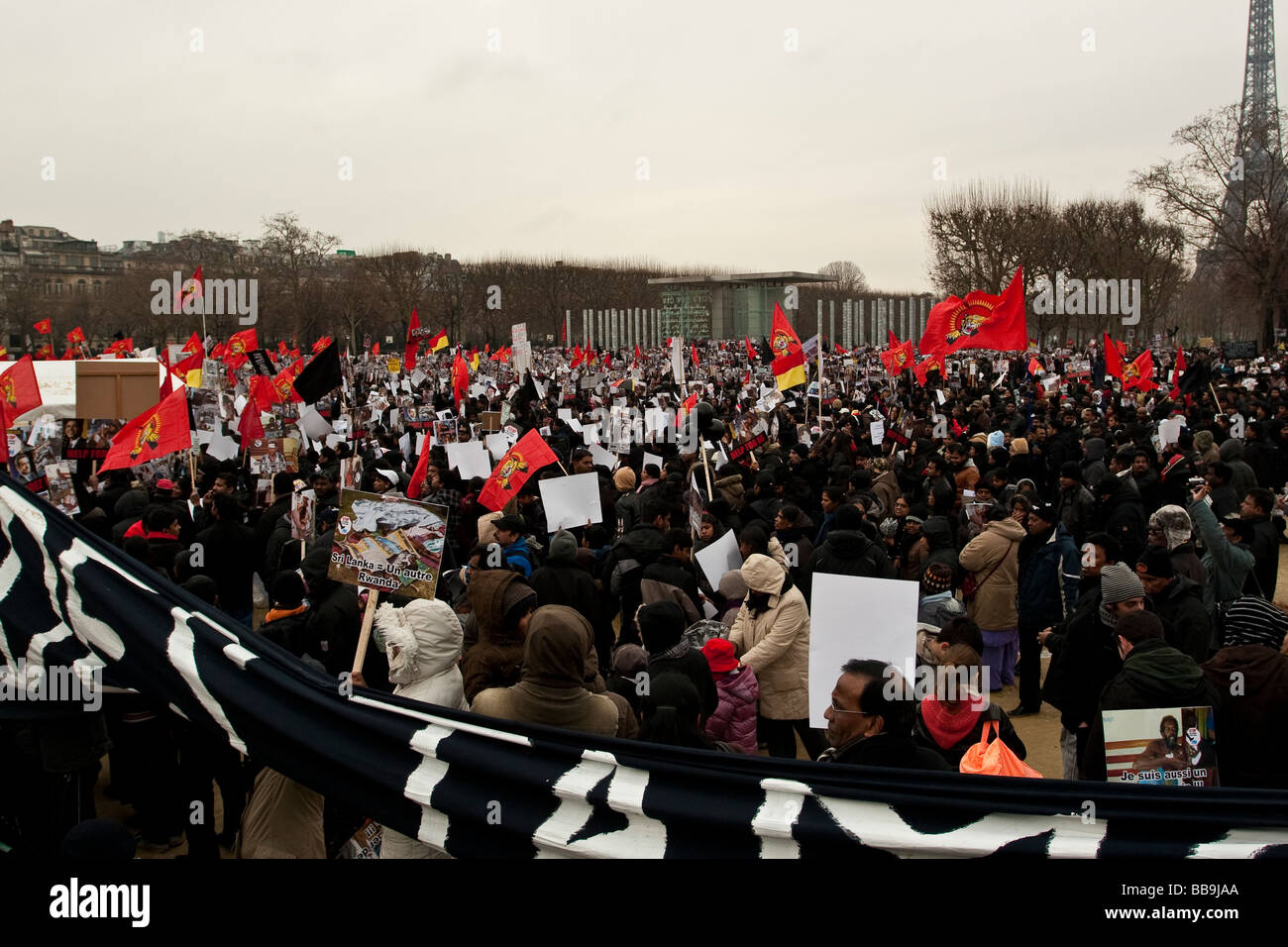 Tamil Tigers demonstrating  in Paris against the Sri Lankan government's conduct of the war against Tamil Tiger rebels. Stock Photo