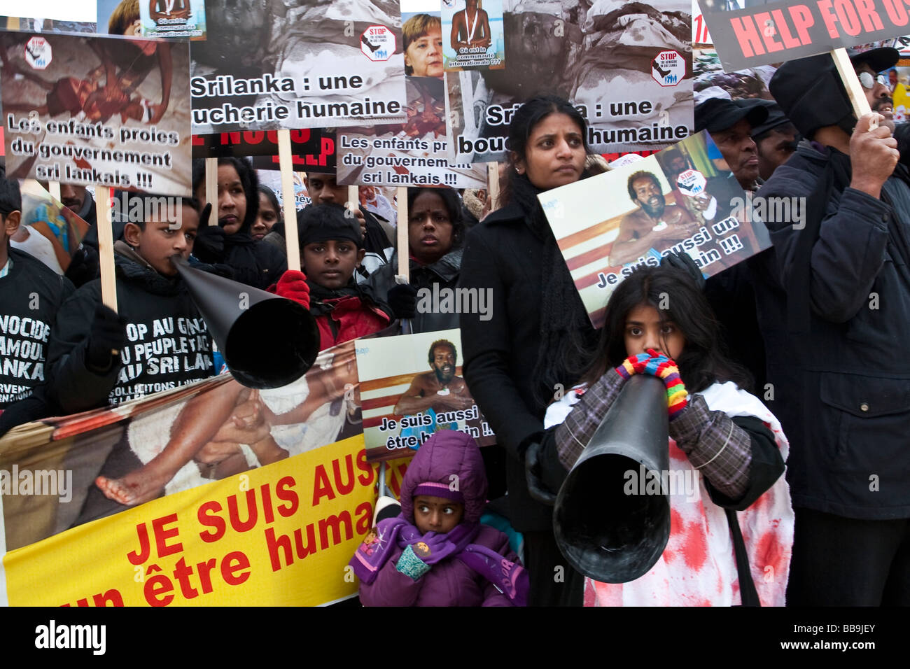 Tamil Tigers demonstrating  in Paris against the Sri Lankan government's conduct of the war against Tamil Tiger rebels. Stock Photo