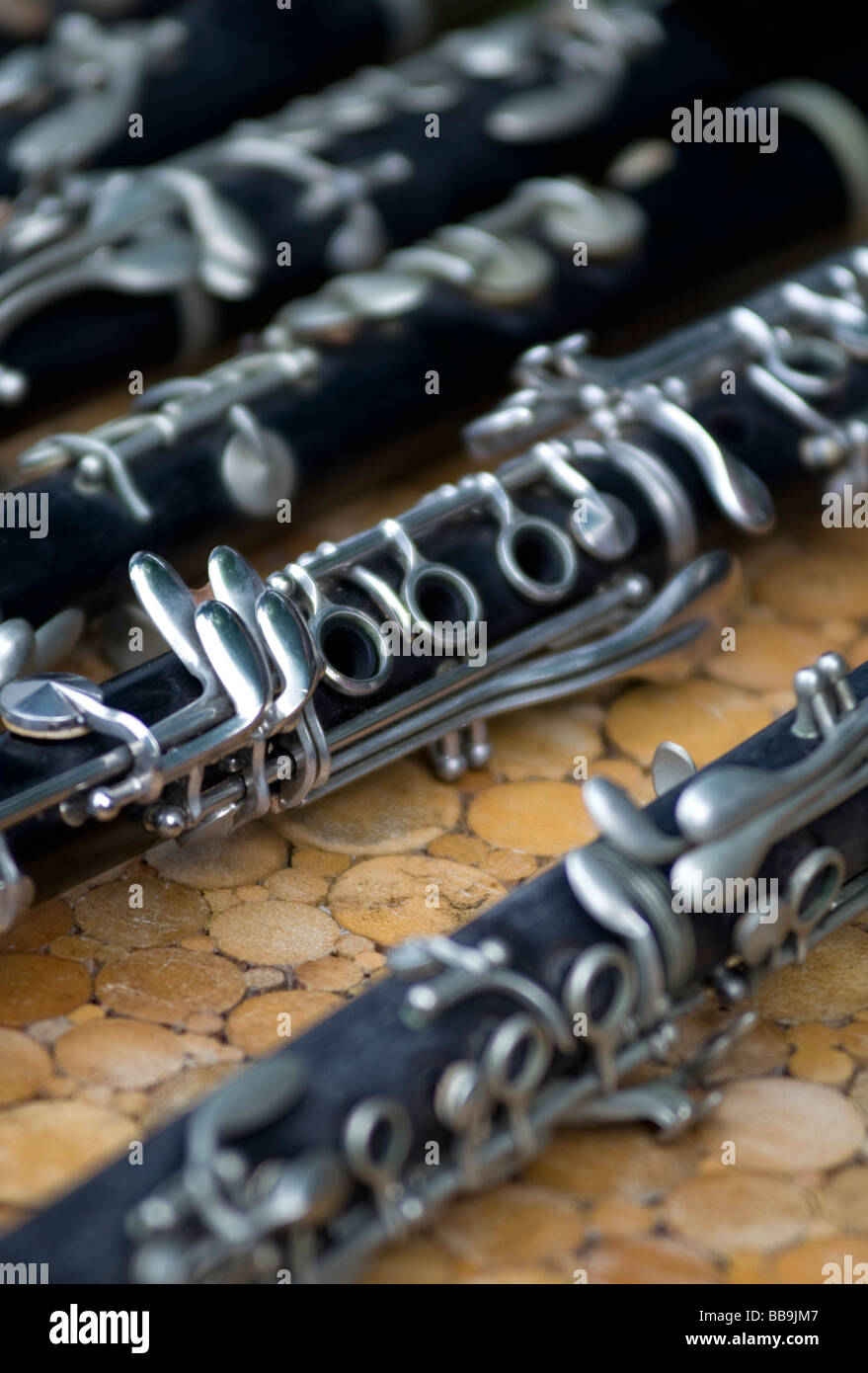 Second-hand clarinets for sale on a market stall Stock Photo