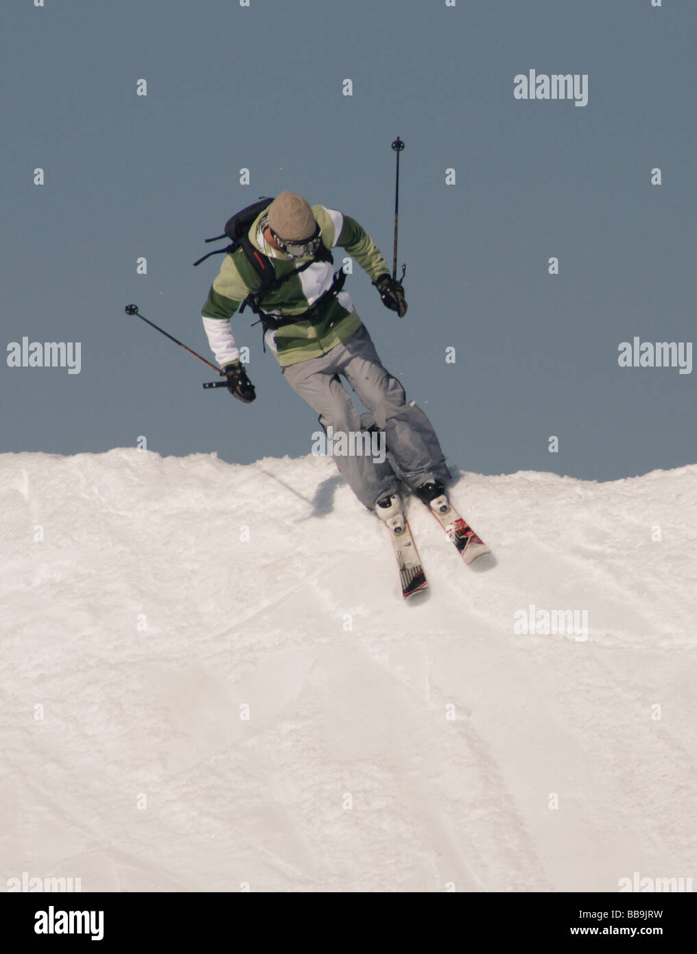 Winter Sports;Skiing; Male landing after 'Big Air' jump Stock Photo