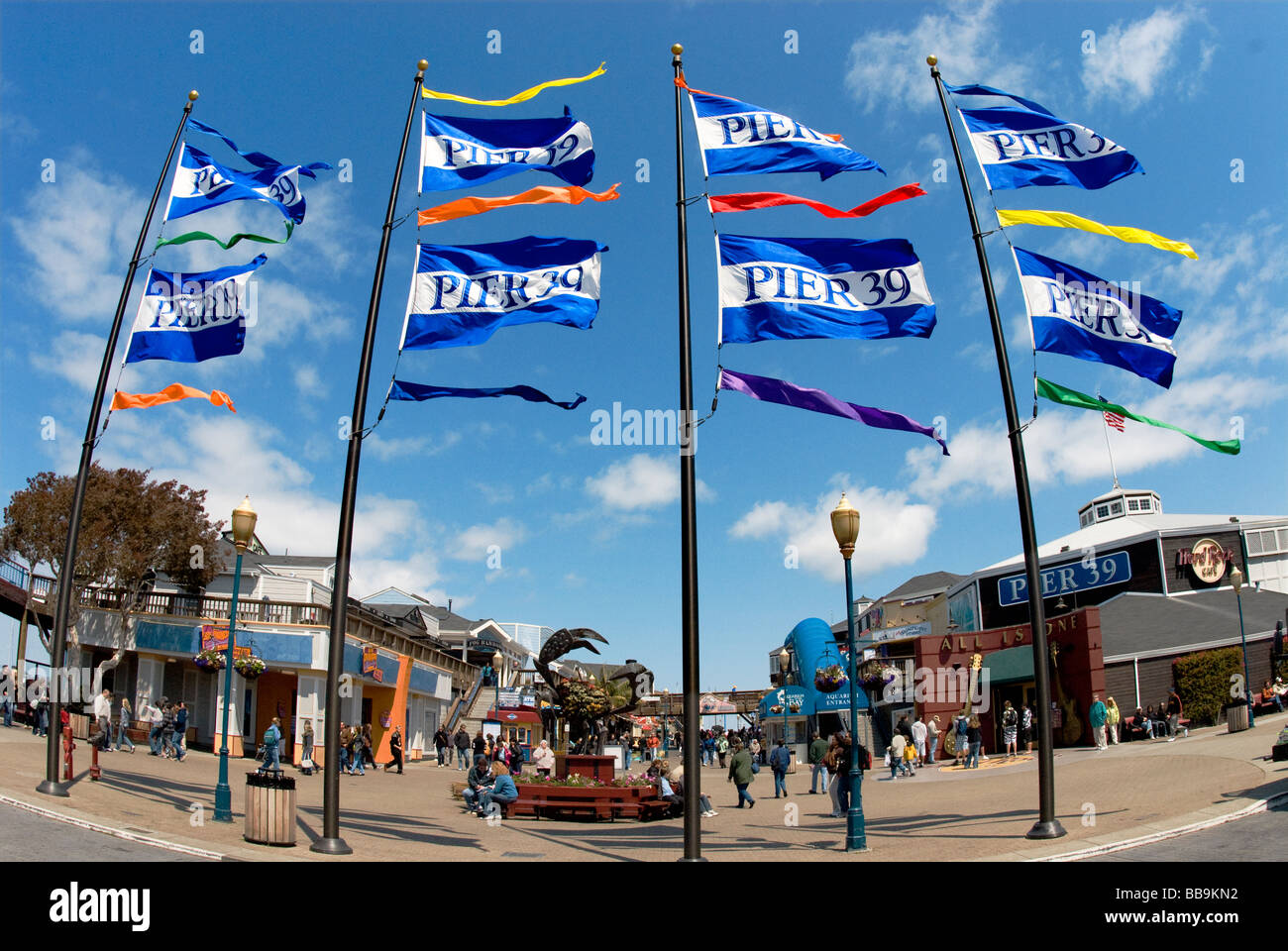 Flags waving at Pier 39 is a major tourist attraction in San Francisco California USA Stock Photo