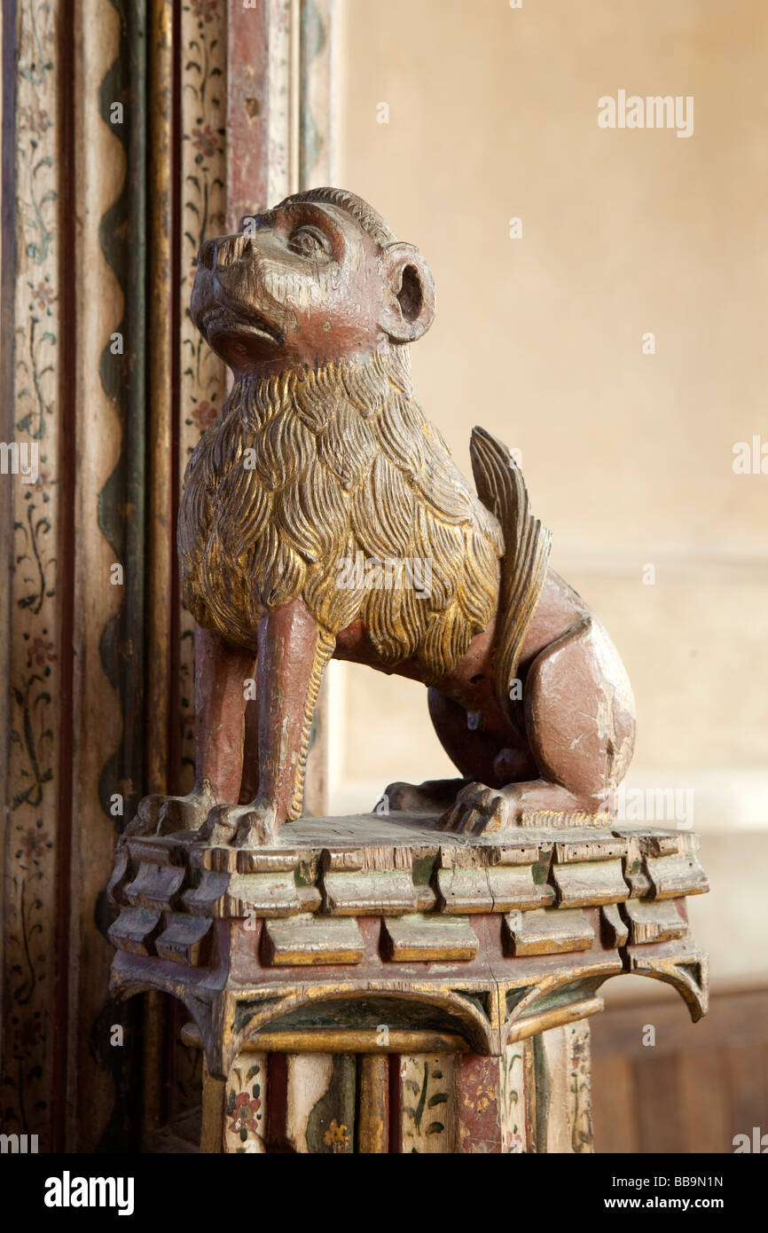 Norfolk East Ruston Saint Marys redundant church medieval carved gilded lion decorating ancient rood screen Stock Photo