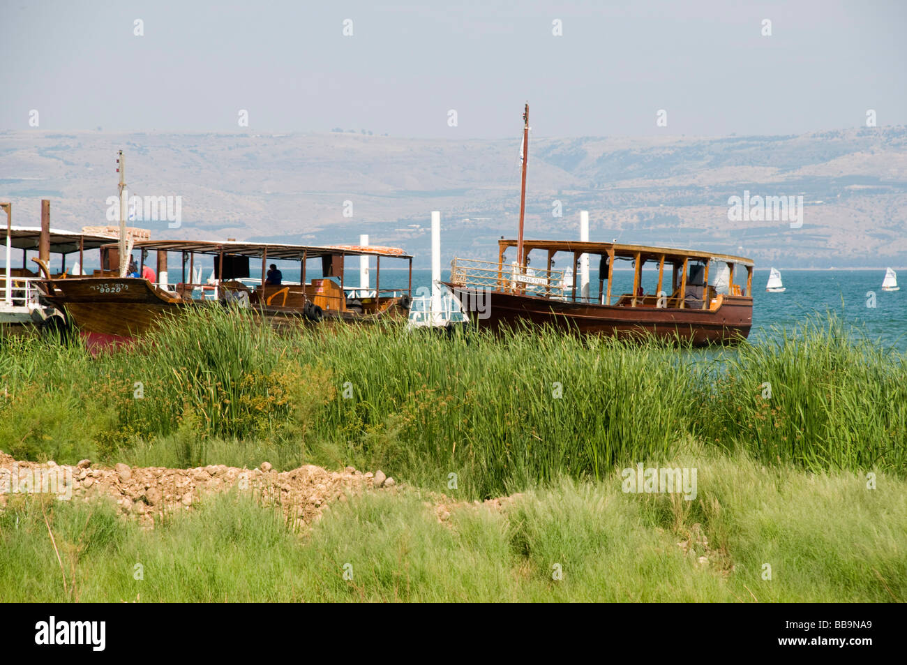 Israel Sea of Galilee A one to one replica of Jesus Boat Old wooden boat uncovered in the sea of Galilee Stock Photo