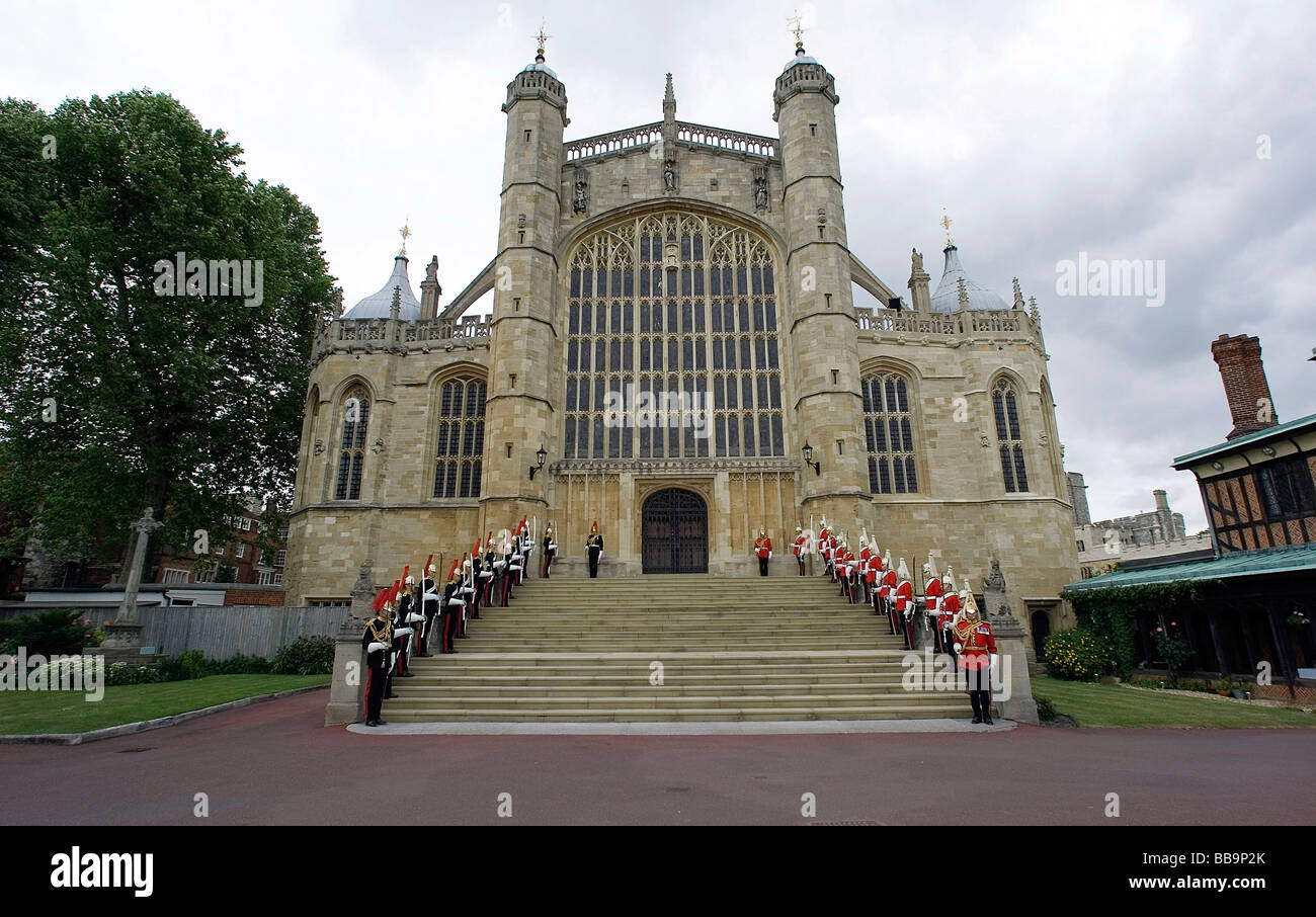 The Garter Ceremony at Windsor Castle Newly restored facia of the West Door of St Georges Chapel Stock Photo