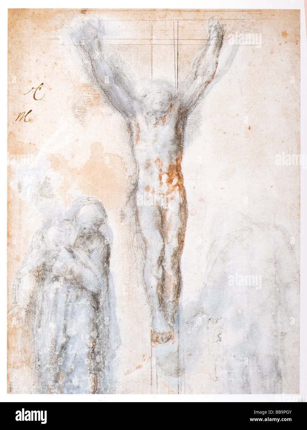 Christ crucified between the Virgin and Nicodemus by Michelangelo 1552-1554 black chalk Stock Photo