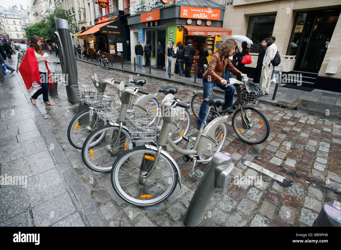 Bicycle rental station, Paris Stock Photo