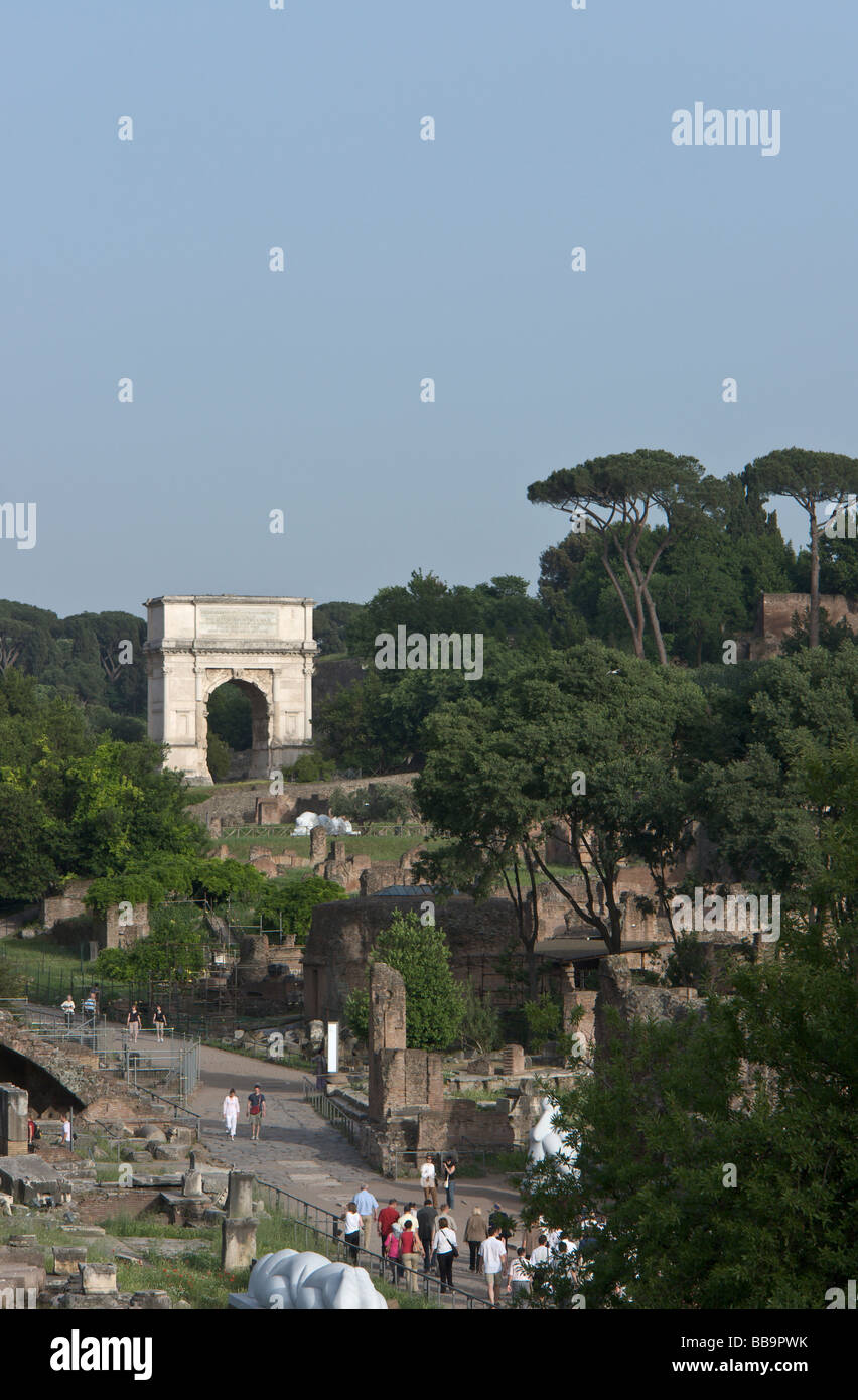 Panoramic view of the Roman Forum with the via sacra and the Arch of ...